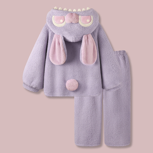 冬季 珊瑚绒睡衣女款 加厚保暖高级感紫色可爱卡通家居服 Bi入～