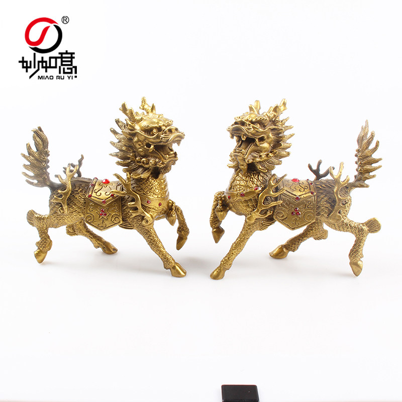 妙如意 铜麒麟摆件 钻石火麒麟 一对四不像瑞兽开业礼品客厅装饰