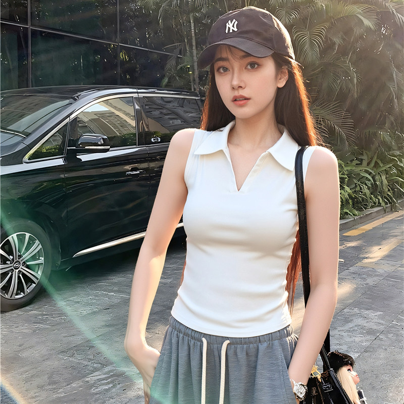 POLO领无袖背心翻领修身显瘦砍袖T恤洋气V领吊带短款遮副乳半开领 - 实物图