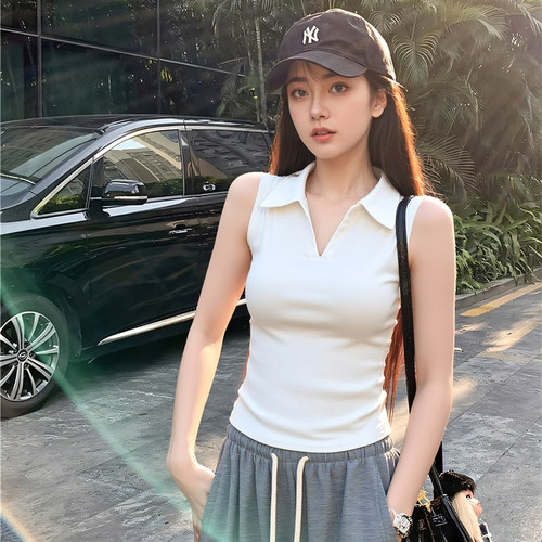 POLO领无袖背心翻领修身显瘦砍袖T恤洋气V领吊带短款遮副乳半开领