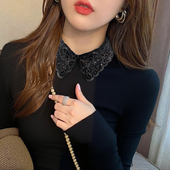 超闪小香风衬衫 亮珠片蕾丝领上衣打底衫 T恤法式 百搭优雅别致磨毛