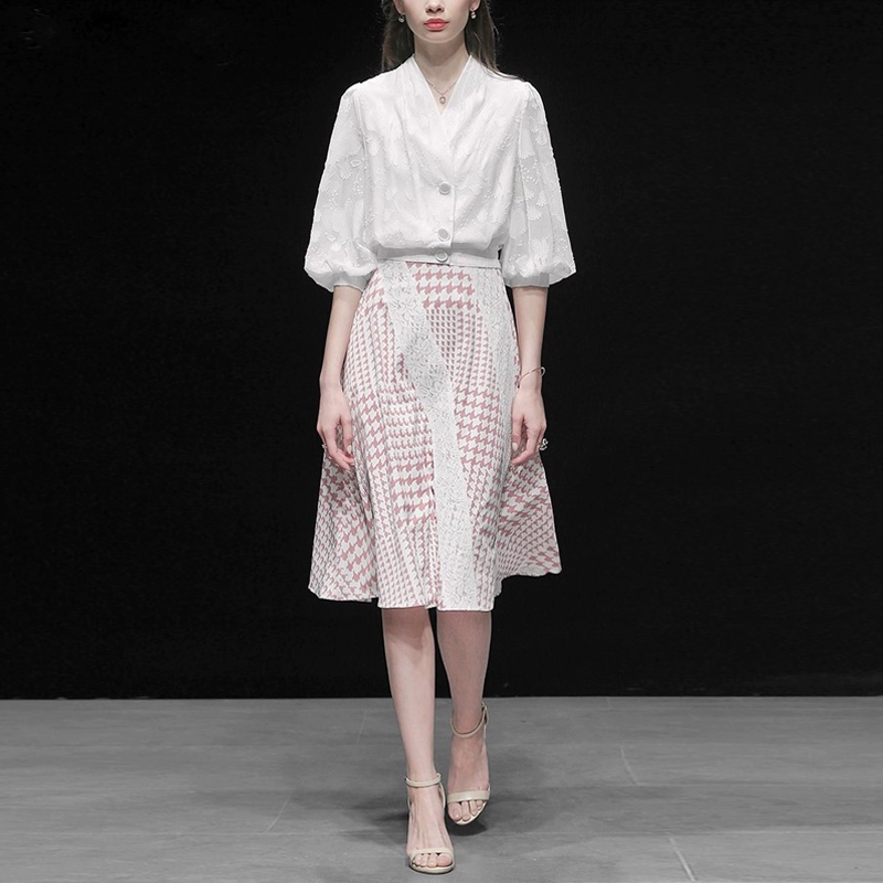 Xiaoxiangfeng thời trang jacquard hai mảnh áo sơ mi trắng dài váy phù hợp với phụ nữ váy mùa hè mới 2020 của phụ nữ - Váy dài