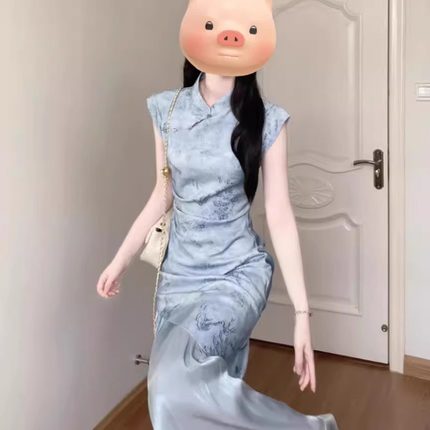2025新款新中式夏日绝美改良提花假两件旗袍女清冷禅意连衣裙长款