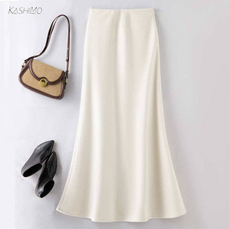 毛呢半身裙女2025秋冬新款高腰a字裙中长款缎面显瘦高级感鱼尾裙