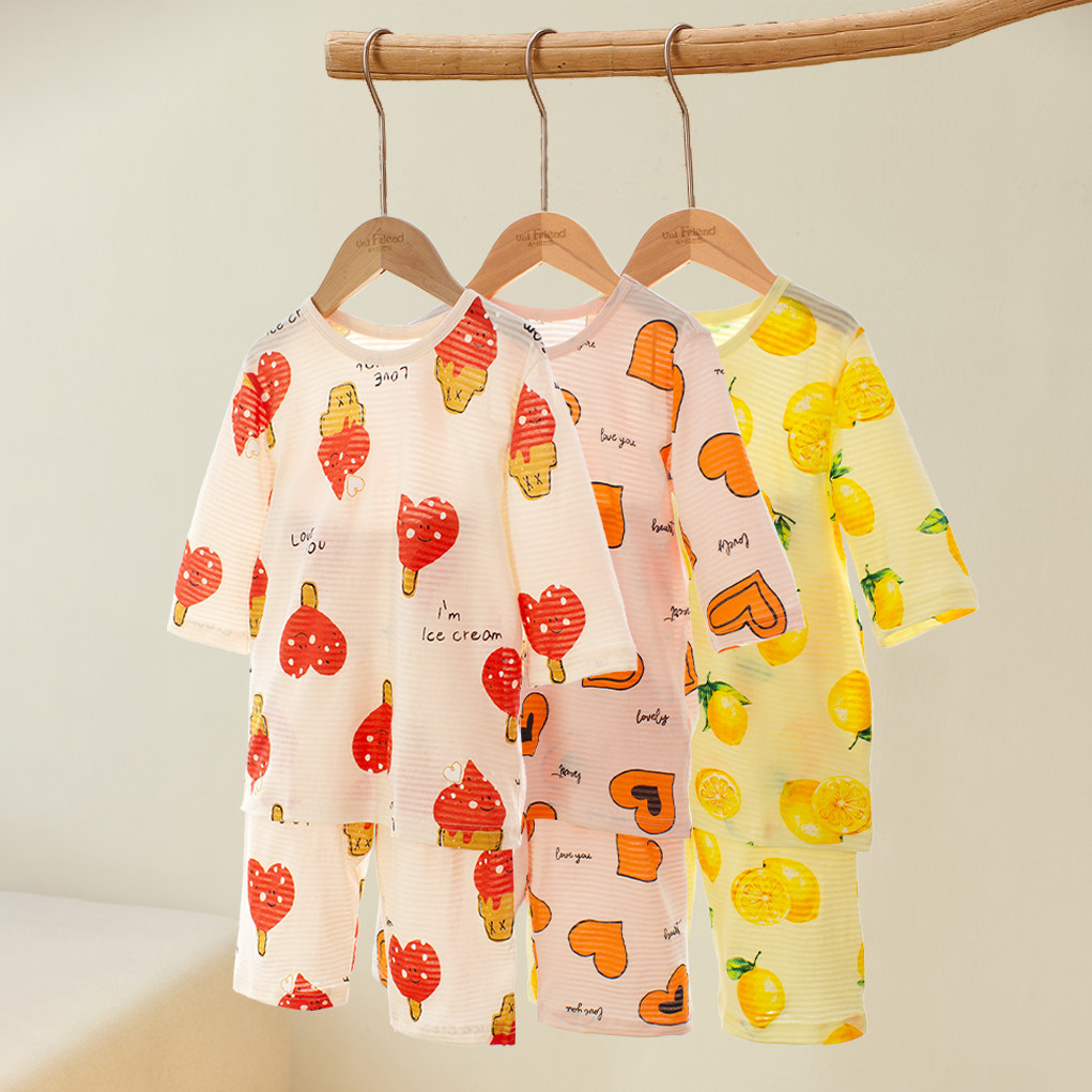 儿童睡衣女夏季薄款7分袖女童家居服宝宝纯棉竹节棉空调服A类女孩