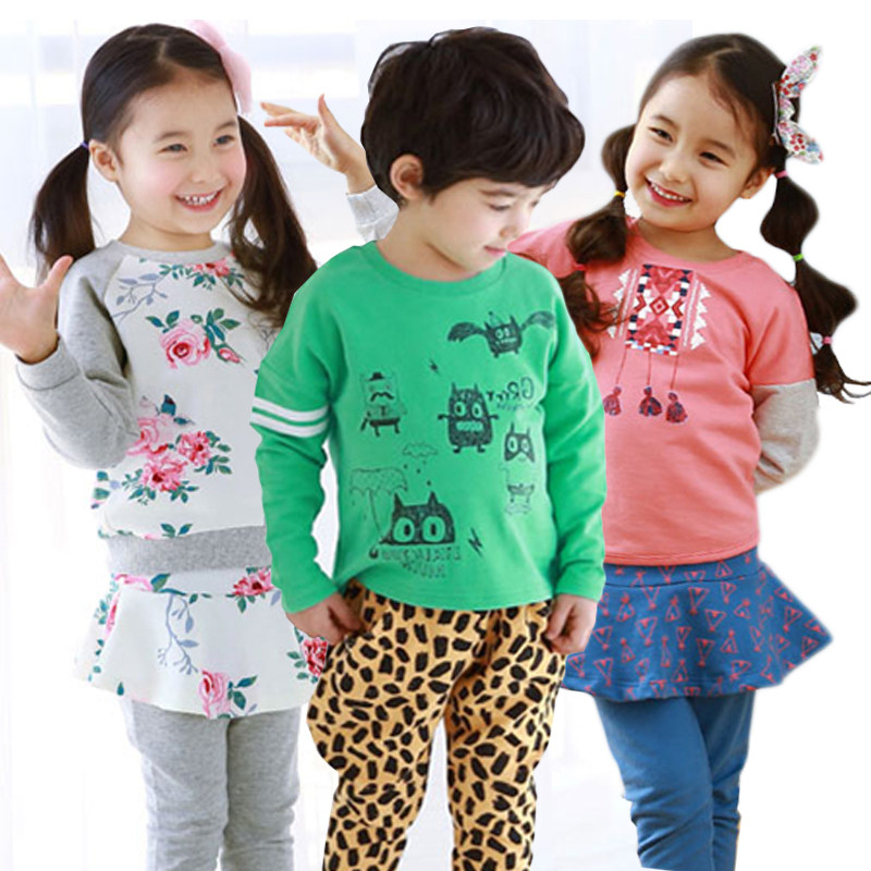 韩国儿童装秋季套装纯棉家居服可外穿男女童薄毛圈全棉卫衣两件套