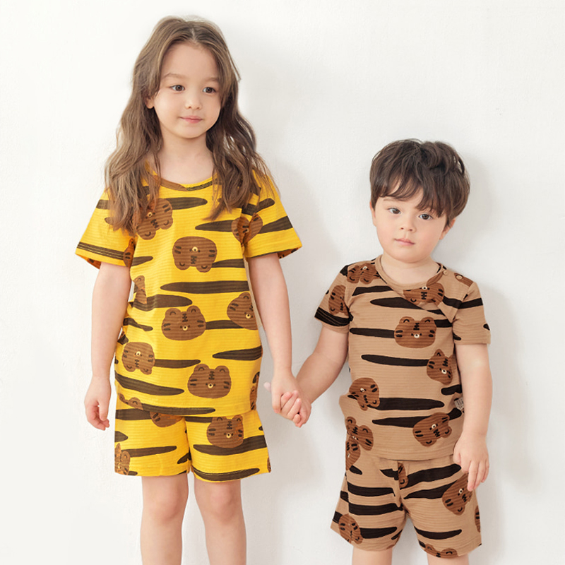 韩国儿童睡衣男短袖竹节棉男宝宝夏薄款纯棉男童空调服家居服套装