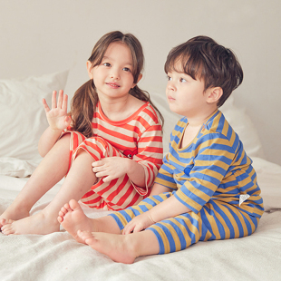宝宝套装 儿童睡衣夏季 男童空调服短袖 条纹女童家居服7分袖 A类 薄款