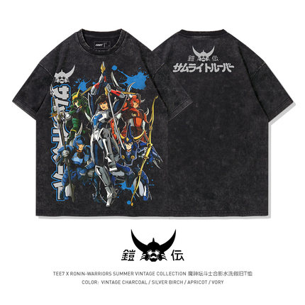 TEE7-复古动漫魔神坛斗士合影水洗做旧日系纯棉重磅短袖T恤经典