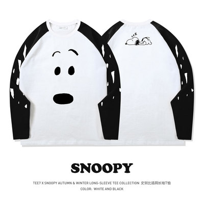 TEE7-史努比SNOOPY大脸表情波点袖美式插肩重磅纯棉复古长袖T恤