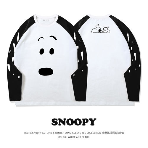 TEE7-史努比SNOOPY大脸表情波点袖美式插肩重磅纯棉复古长袖T恤
