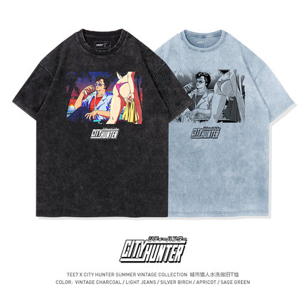 TEE7-复古动漫城市猎人泳池派对任务水洗做旧纯棉宽松短袖T恤度假