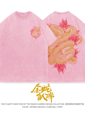 TEE7-蛇年恭喜发财国潮短袖T恤花开富贵水洗做旧纯棉复古宽松