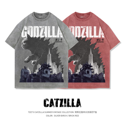 TEE7-猫咪Godzilla水洗做旧美式复古重磅纯棉宽松短袖T恤