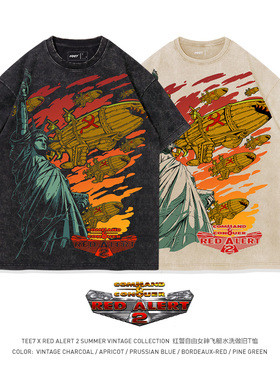 TEE7复古游戏红警Kirov飞艇水洗做旧纯棉宽松短袖T恤经典怀旧ins