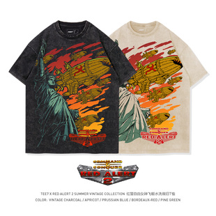 TEE7复古游戏红警Kirov飞艇水洗做旧纯棉宽松短袖 怀旧ins T恤经典