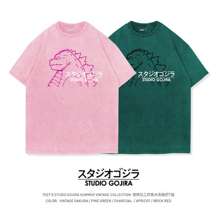 TEE7-创意哥斯拉吉卜力工作室水洗做旧日系复古纯棉宽松短袖T恤