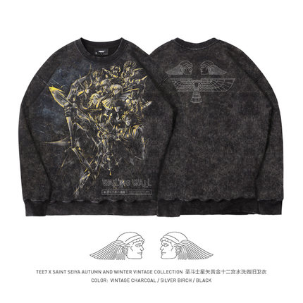 TEE7-日漫黄金圣斗士叹息之墙秋冬圆领卫衣美式重磅水洗纯棉复古