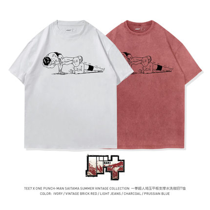 TEE7-一拳超人埼玉刃牙健身幽默水洗做旧潮流简约纯棉短袖T恤