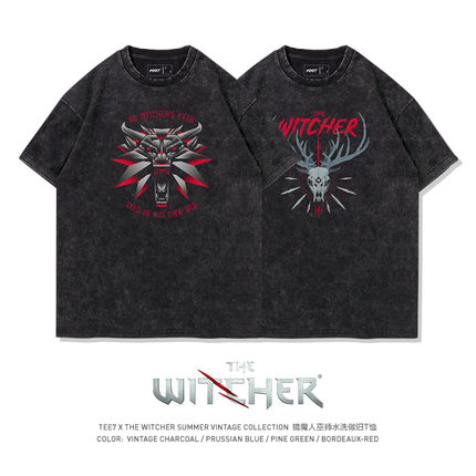 TEE7巫师猎魔人水洗做旧美式复古重磅纯棉宽松短袖T恤ins潮流新款