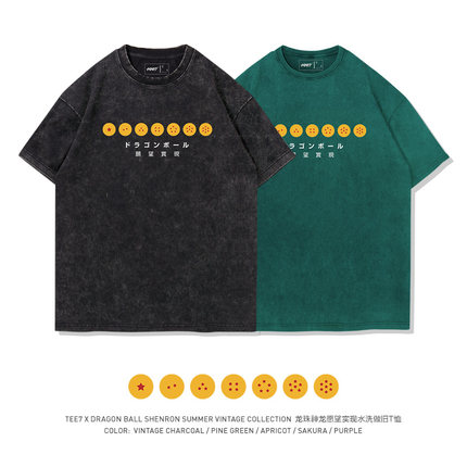 TEE7-日系动漫龙珠神龙许愿实现心想事成短袖T恤水洗做旧纯棉极简