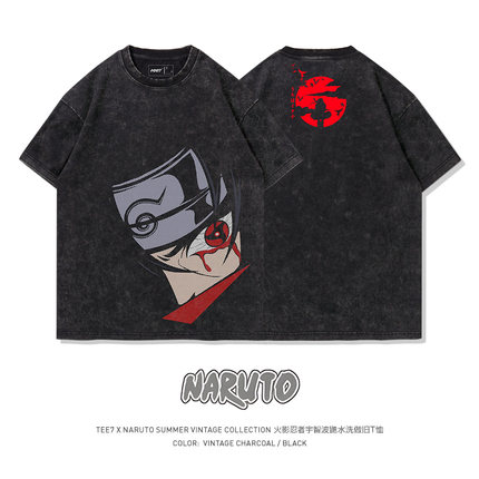 TEE7-日系动漫火影宇智波鼬万花筒写轮眼T恤水洗做旧纯棉宽松短袖