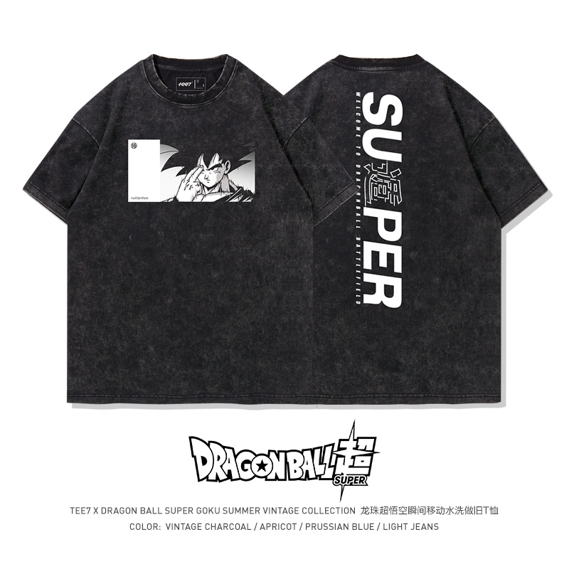 TEE7-动漫龙珠悟空瞬移美式重磅水洗做旧短袖T恤纯棉宽松复古新款