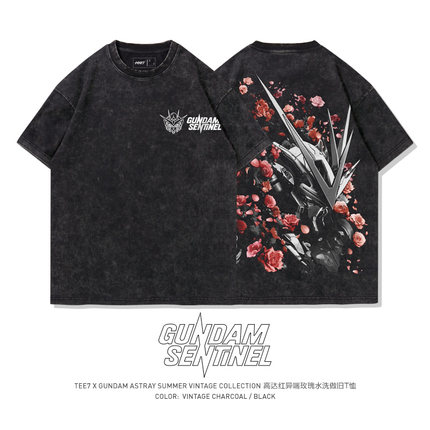 TEE7-日系动漫异端高达红色机T恤战争与玫瑰史诗限量水洗做旧纯棉