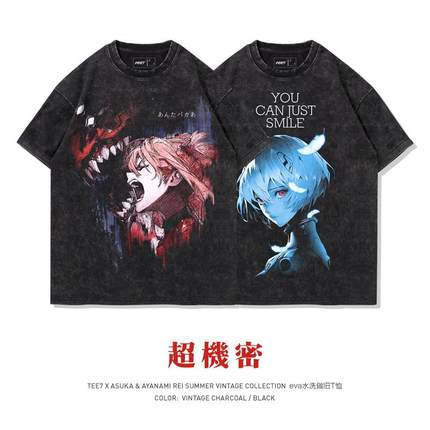 TEE7-日系动漫eva明日香绫波丽重磅水洗做旧复古印花纯棉短袖T恤