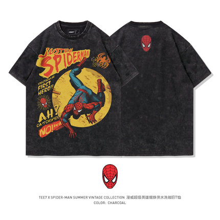 TEE7-漫威蜘蛛侠T恤水洗做旧复古美漫街头涂鸦纯棉宽松短袖