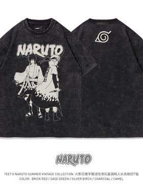 TEE7-日系动漫火影忍者T恤鸣人佐助合体水洗做旧复古印花纯棉短袖