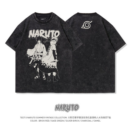TEE7-日系动漫火影忍者T恤鸣人佐助合体水洗做旧复古印花纯棉短袖
