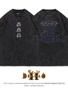 TEE7-暴雪游戏暗黑2符文之语谜团刚毅水洗做旧复古纯棉男短袖T恤