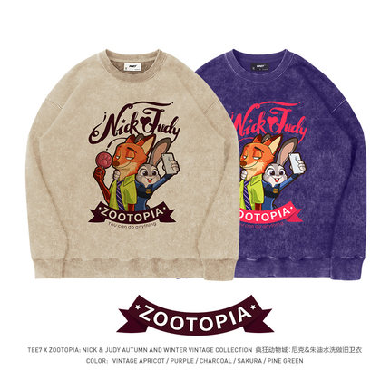 TEE7-疯狂动物城情人节情侣卫衣水洗做旧纯棉宽松ins爆款