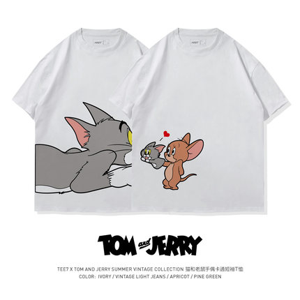 TEE7-七夕情侣猫和老鼠T恤休闲装超萌卡通夏季ins风宽松纯棉短袖