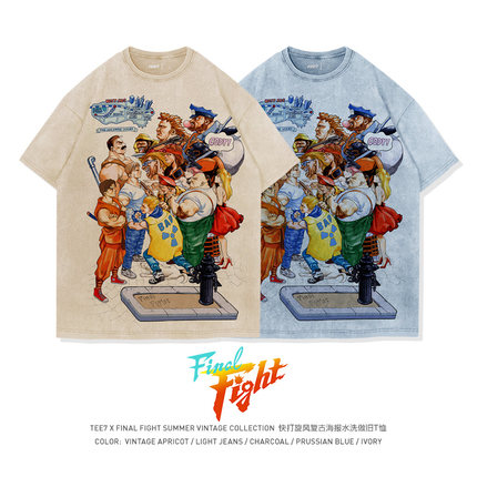 TEE7复古街机游戏快打旋风全家福水洗做旧ins美式做旧纯棉短袖T恤