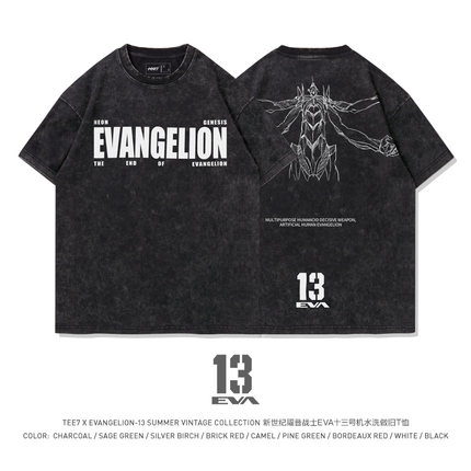 TEE7-日系动漫eva十三号机莉莉丝复古做旧宽松短袖棉T恤