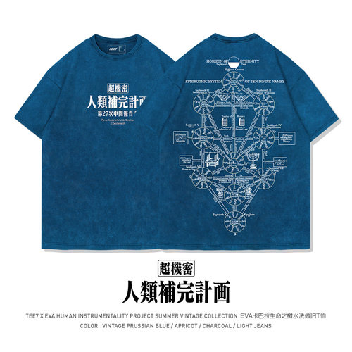 TEE7-EVA卡巴拉生命之树人类起源秘密水洗做旧日系复古纯棉短袖T