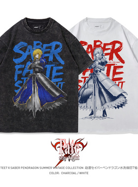 TEE7-日系动漫Fate吾王呆毛Saber水洗做旧复古印花纯棉圆领T恤