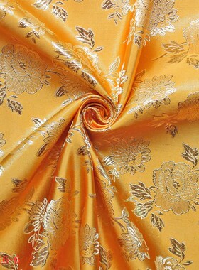 金色玫瑰花织锦缎提花布料 黄色古装汉服和服唐装旗袍COSPLAY布料