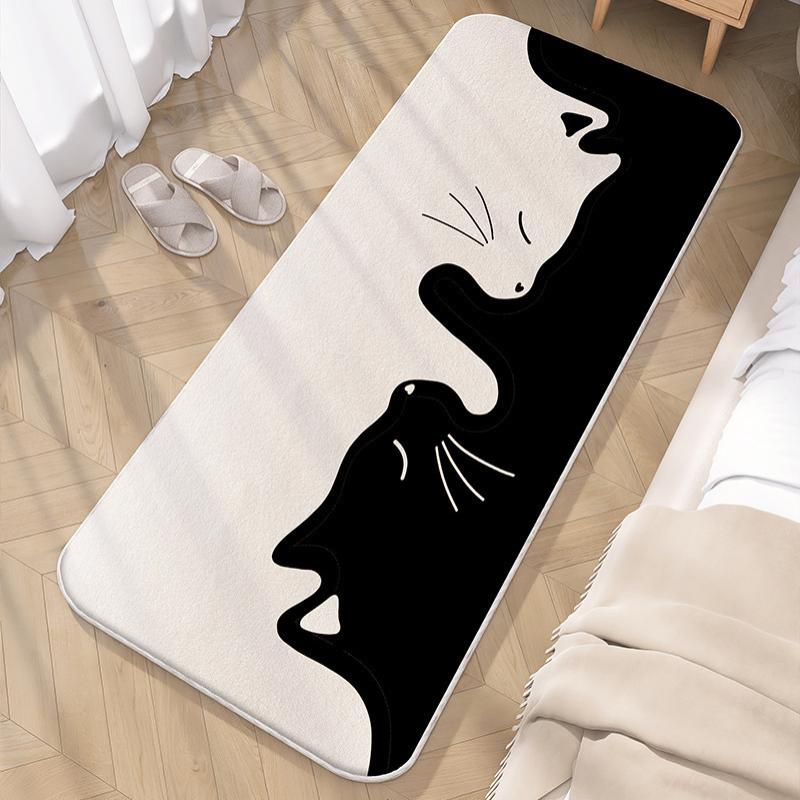卡通黑白猫咪卧室床边毯长条仿羊绒地毯客厅阳台飘窗垫隔凉脚垫子