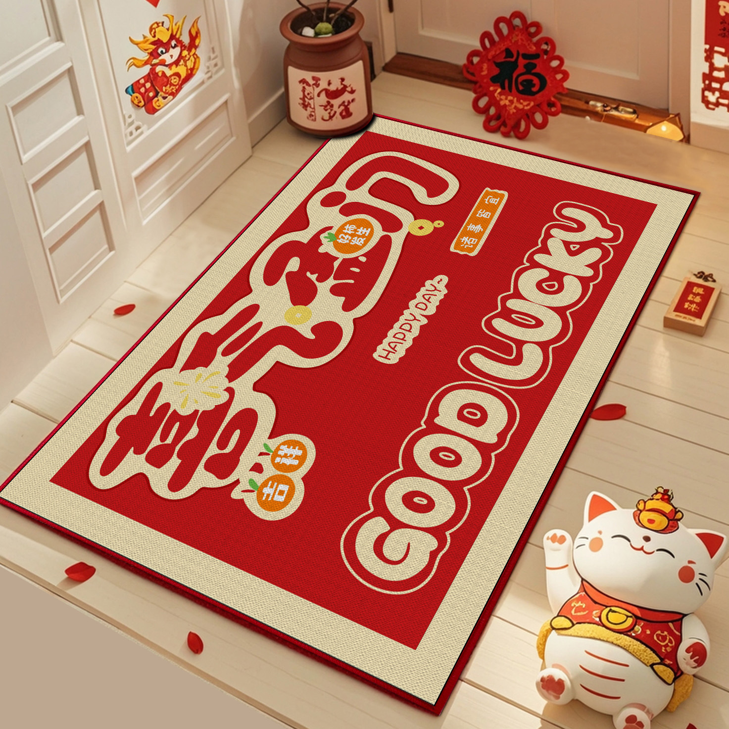 中式红色喜庆入户门口电梯商用地垫家用地毯短绒超纤硅胶防滑脚垫