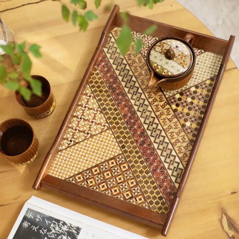 日本进口寄木细工日式扶手长盘手工复古实木茶盘茶具托盘干泡台