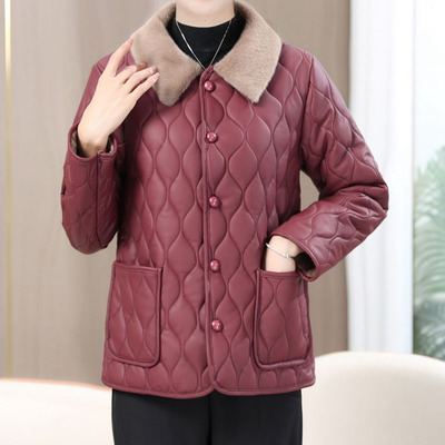 冬季新款棉衣外套加绒皮衣加厚小个子中老年棉服奶奶棉袄女妈妈装