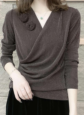 减龄领衫Vt恤上衣时尚显瘦秋季长袖洋气打底百搭女士亮丝气质新品