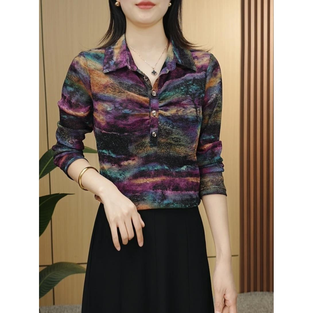 春秋新款女装韩版衬衫领时尚花色长袖上衣时尚妈妈装打底衫女中袖