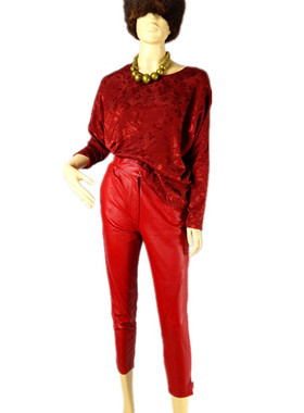 复古正红色锥形皮裤vintage罕稀孤品尖货修饰腿型萝卜锥形皮裤