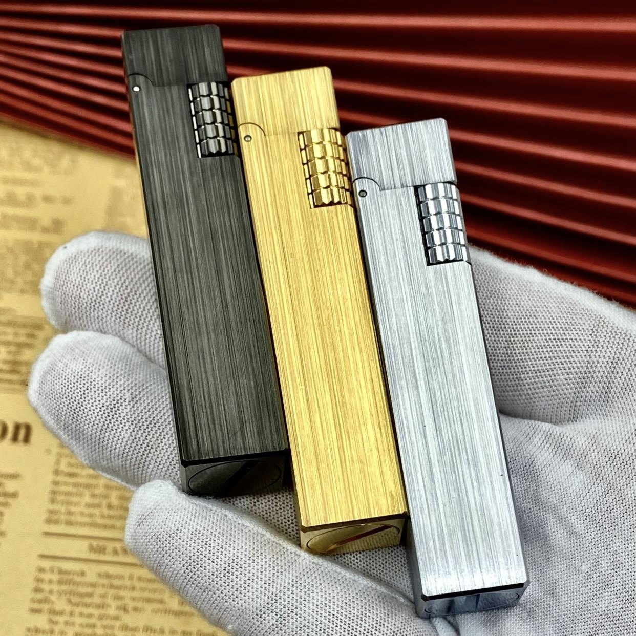 R09新品拉丝款手工黄铜侧滑煤油打火机立体复古小长条男创意礼物