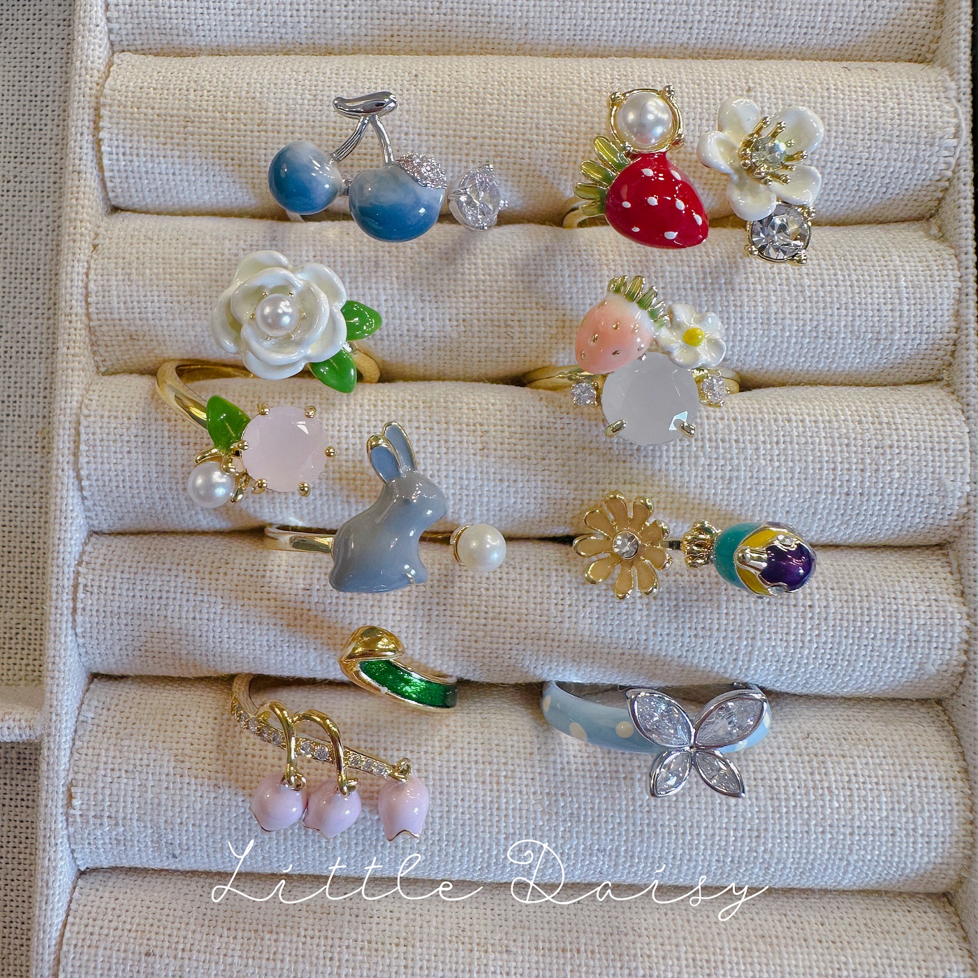 Little Daisy法式珐琅彩草莓樱桃夏日多巴胺 不褪色开口童趣戒指