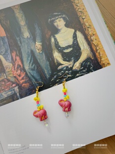 孤品原创设计神经手作捷克琉璃粉金色小象花朵蚀刻水滴耳饰潮玩礼